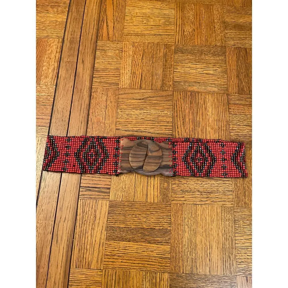 Vintage Woven Beaded Orange White Blue Native American Tribal Belt Wood Clasp